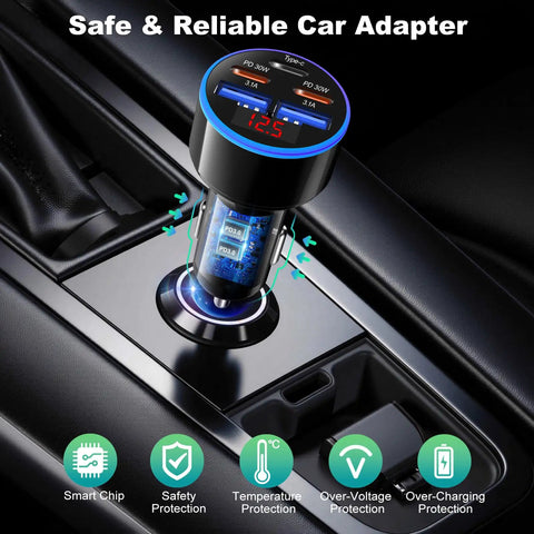 Top Shelf 90 Watt Five Port Usb C Car Charger With Dual Pd 30 W Quick Charge Ports, sleek design in car cup holder.