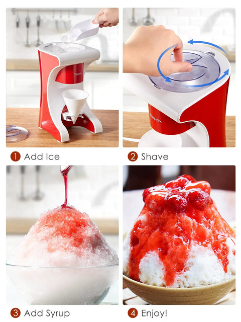 Top Tier Slushie Machine And Snow Cone Maker For Cold Brew Slush Blasts And Block Party Vibes, red machine and shaved ice preparation steps.