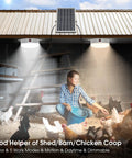 Image of Solar Ceiling Lights with Motion Sensor 2 Pack illuminating a chicken coop with solar panel on roof, featuring remote and dimmable modes.
