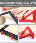 Real Deal Aluminum Stair Gauges Set With Thick Rubber Pads For Framing Squares And Speed Square, Zero Hassle Woodworking Jig Tool Featuring Grip Tight Copper Clamps In Bold Red Finish, shown using marked angles.