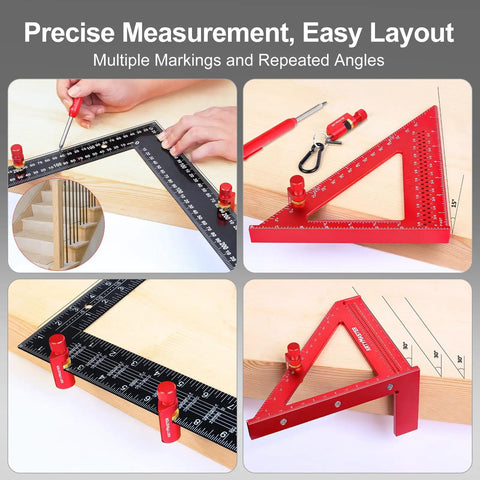 Real Deal Aluminum Stair Gauges Set With Thick Rubber Pads For Framing Squares And Speed Square, Zero Hassle Woodworking Jig Tool Featuring Grip Tight Copper Clamps In Bold Red Finish, shown using marked angles.