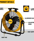 20 Inch Industrial High Velocity Drum Fan With 3-Speed Tilting Head featuring aluminum blades, adjustment knob, and sturdy handle