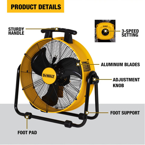20 Inch Industrial High Velocity Drum Fan With 3-Speed Tilting Head featuring aluminum blades, adjustment knob, and sturdy handle