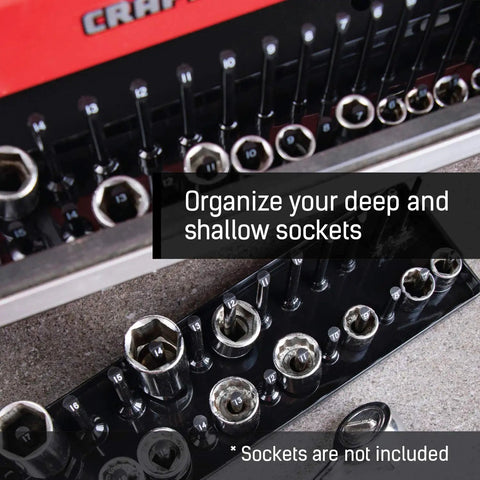Top view of black socket tray from Six Piece Socket Organizer Set For 1/4 3/8 And 1/2 Inch Drives SAE And Metric Tray Holders