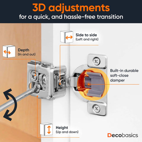 Soft Close Cabinet Hinges Set For One And A Quarter Inch Overlay Kitchen Cabinets, showing 3-way adjustable stainless steel damper