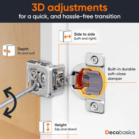 Soft Close Cabinet Hinges One And One Quarter Inch Overlay For Kitchen Cabinets, No Slam Self Closing Concealed Hinges For Face Frame, Stainless Steel, 3 Way Adjustable, Quiet Close Damper, 50 Pack showing 3D adjustments with depth, side to side, and height adjustment.