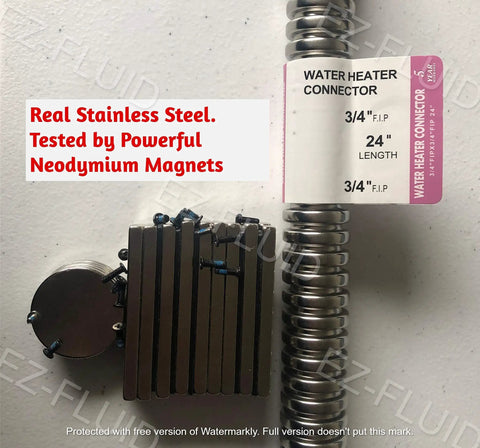 Corrugated Stainless Steel Water Heater Connector 24 Inch 3/4 Inch FIP To 3/4 Inch FIP Flexible Supply Line Lead Free UPC Certified For Tankless And Conventional Water Heaters shown with label