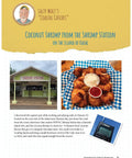 Image of a page with Salty Walt's Coastal Catches, Coconut Shrimp from the Shrimp Station, and a radio receiver device.