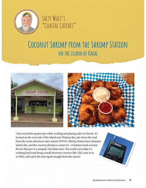Image of a page with Salty Walt's Coastal Catches, Coconut Shrimp from the Shrimp Station, and a radio receiver device.