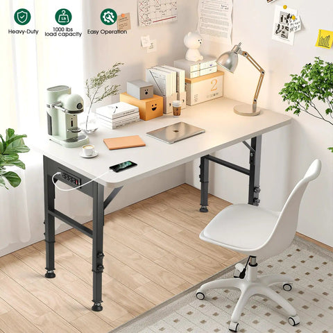 Heavy Duty Height Adjustable Workbench Frame Built Like A Beast Featuring Quick Connect AC And Dual USB Ports On Rust Resistant Steel Legs in a modern workspace.