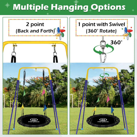 Saucer Swing 48 Inch For Backyard Fun With 360 Degree Swivel Heavy Duty Outdoor Swing Set shown with two hanging options.