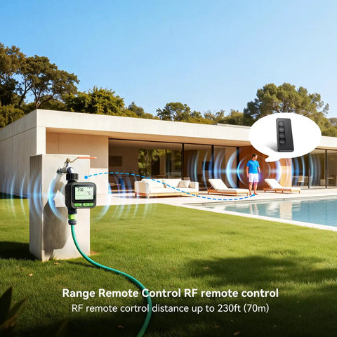 Remote Control Sprinkler Timer With 230 Foot Range No Fuss Programmable Garden Hose Timer For Outdoor Faucet Four Plans With Rain Delay Automatic Watering Digital Irrigation Controller For Yard And Lawn installed by poolside with remote control in use