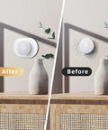 Before and after installation of Snow Color Nest Thermostat 2020 Wall Plate Cover And Trim Kit in modern living room