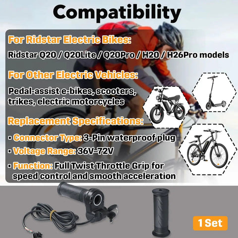 Image displaying compatibility of Full Twist Ebike Throttle Grip With Two Keys Waterproof 3 Pin Electric Bike Throttle Handlebar Controller.