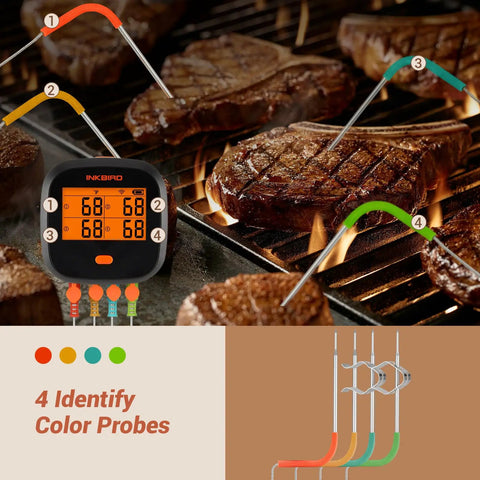 WiFi Meat Thermometer For Smoker And Oven With Four Probes, Digital Grill Thermometer monitoring steaks on grill