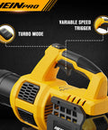 Cordless Leaf Blower For DeWalt 20V Max Battery, ergonomic handle, turbo mode button, variable speed trigger shown