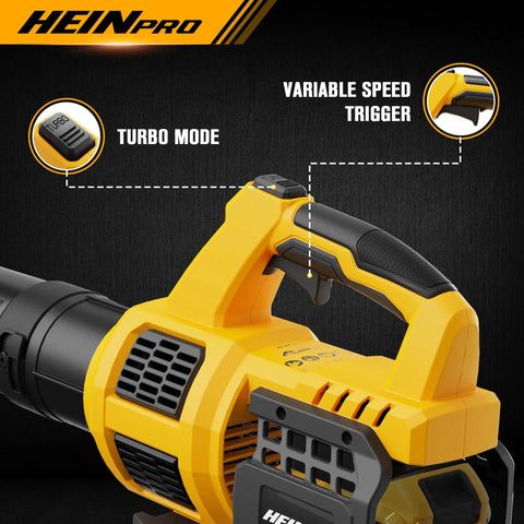 Cordless Leaf Blower For DeWalt 20V Max Battery, ergonomic handle, turbo mode button, variable speed trigger shown