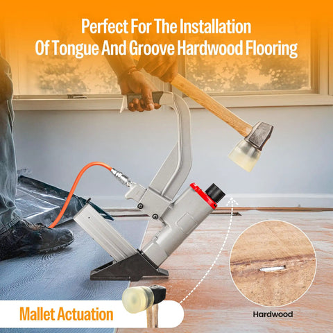 Heavy Duty Pneumatic Flooring Nailer With Rubber Mallet For Fast Hardwood And Engineered Wood Installations That Get The Job Done Quick And Clean Every Time with mallet actuation in action.