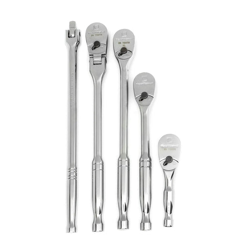 Three Eighth Inch Drive Ratchet And Drive Tools Set With Eighty Four Tooth Full Polish Chrome Ratchets on white background