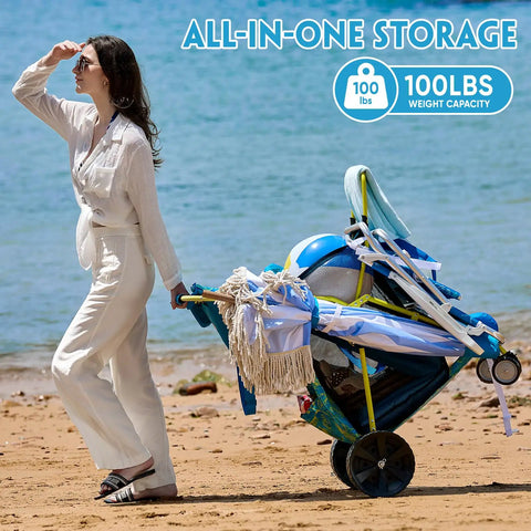All Terrain Beach Wagon With Oversized Sand Wheels Collapsible Cart With Cooler Bag And Umbrella Holder on sand, 100lb capacity