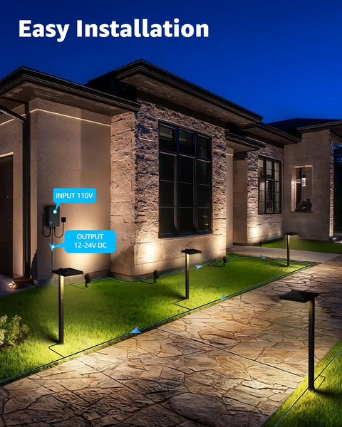 All In One Outdoor Landscape Lighting Kit With 60W Low Voltage Transformer 100 Ft Wire 6 Anti Glare LED Pathway Lights 2 Spotlights And Quick Connectors For Walkway Garden And Yard pathways illuminated by LED lights at night