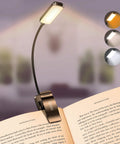 Gritin 9-LED rechargeable clip-on book light with flexible gooseneck and bronze clamp, attached to an open book.