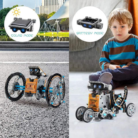 14-In-1 Solar Powered Robot Kit For Kids A Hands On STEM Building Toy With Gears Wheels Shafts And Plates Create 14 Robots From Beginner To Advanced From Wagging Tail Dog To Running Beetle And Walking Crab, solar and battery mode