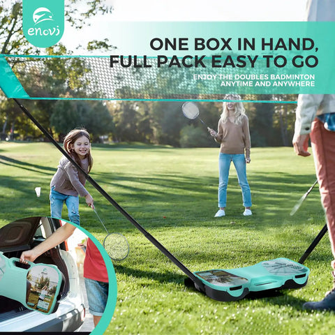 Badminton Set With Net And Portable Storage Box Includes Four Rackets And Four Shuttlecocks Ideal For Backyard Bash And Outdoor Yard Games Family Fun Easy Setup And Portable Recreation in use outdoors.