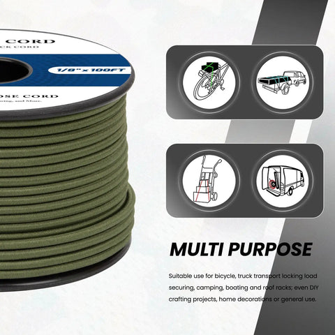 Heavy Duty Bungee Cord One Eighth Inch By 100 Feet Elastic Shock Rope on spool with usage illustrations for securing gear