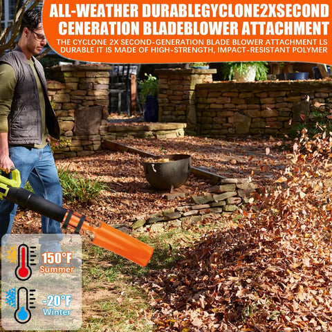 Person using Turbo Leaf Blower Air Booster Kit With Universal Cordless High Flow Nozzle Extension for yard cleanup