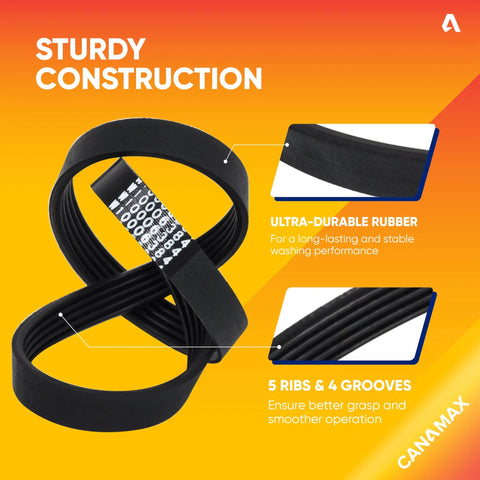 Solid Heavy Duty Washer Drive Belt W10006384, 21 inch long, 0.45 inch wide, made of ultra-durable rubber with 5 ribs and 4 grooves.