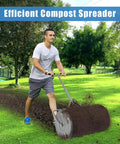 Man using Large 27 Inch Compost Spreader for Lawn and Garden With Adjustable Handle Durable Roller Spreader for Yard Work