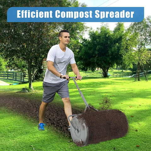 Man using Large 27 Inch Compost Spreader for Lawn and Garden With Adjustable Handle Durable Roller Spreader for Yard Work