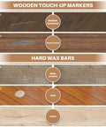 No Sweat Quick Fix Do It Yourself Laminate Floor Repair Kit With Heat Pen For Wood Vinyl Linoleum Scratch Cover and Waterproof Multi Shade Hard Wax Touch Up Marker wooden touch-up markers and hard wax bars before and after repair.