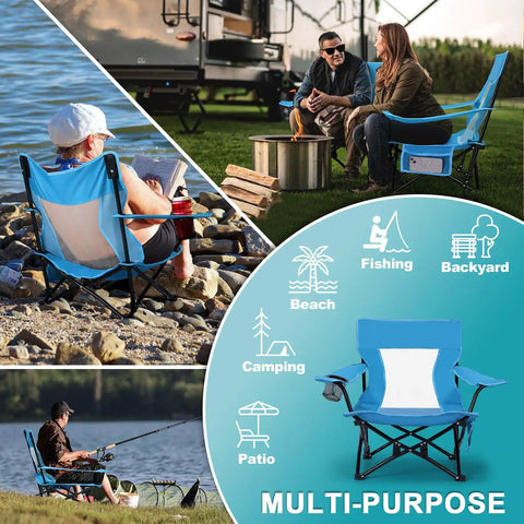 Heavy Duty Folding Beach Chair Set, 2 Pack For Outdoors, Adults by campfire, beach, and fishing with cup holder and blue design
