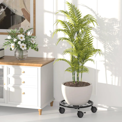 10.24 Inch Plant Caddy With Wheels For Indoor And Outdoor Use under a potted palm by a wooden cabinet