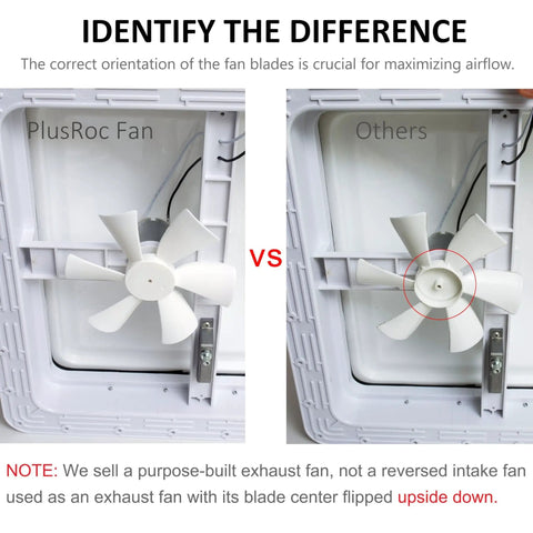 Top Tier 6 Inch Rv Vent Fan 130 Cfm Direct Swap For Ventline BVD0218-00 Camper Roof Exhaust fan blade orientation comparison.