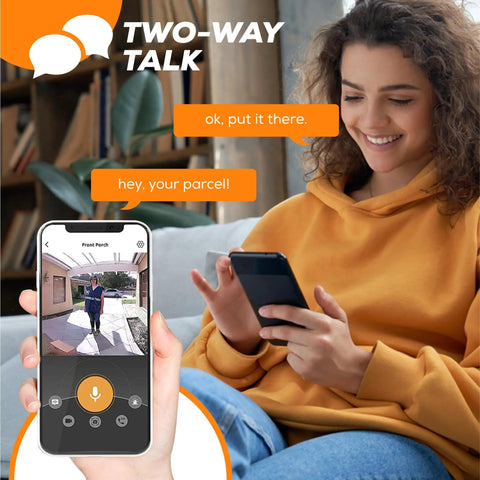 Woman using phone to communicate via Wireless Video Doorbell Camera With 2 Chimes 2 Way Audio Motion Sensor Night Vision No Monthly Fees Home Security Cameras Works With Alexa And Google Home