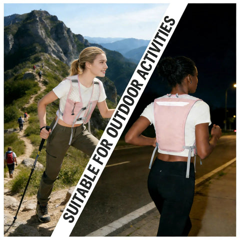 Grab And Go Hydration Running Vest For Men And Women With 500ml Soft Flask Ultra Lightweight Water Pack in pink worn during day and night.