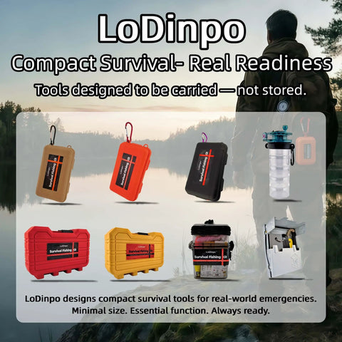Survival Fire Starter Kit With Ferro Rod And Magnesium Fire Starter, Compact Stove displayed with other outdoor tools