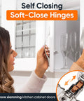 Woman opening cabinet using 30 Pack Full Overlay Soft Close Cabinet Hinges for Kitchen Cabinets, 105 Degree Face Frame Concealed Hinges