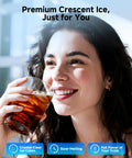 Crescent Ice Maker Countertop With Self Cleaning And Timer Delivers 16 Crystal Clear Crescent Ice In Just 12 Minutes 35 Lbs Per Day Party Ready For Home Office Or Party, featuring a woman enjoying a drink with ice cubes.