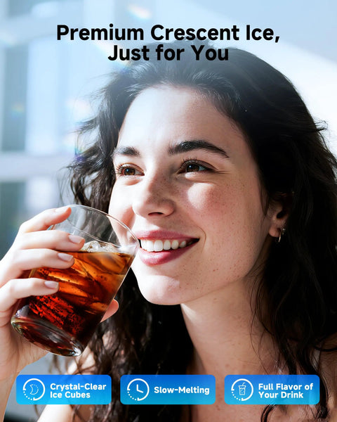 Crescent Ice Maker Countertop With Self Cleaning And Timer Delivers 16 Crystal Clear Crescent Ice In Just 12 Minutes 35 Lbs Per Day Party Ready For Home Office Or Party, featuring a woman enjoying a drink with ice cubes.
