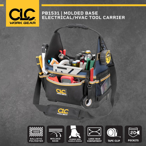 13 Inch Molded Base Electrical And HVAC Tool Carrier Pro Grade Build With 1680D Ballistic Polyester with tools inside