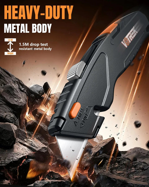 Box Cutter Retractable Metal Utility Knife Set With Built In Storage Tool Free Blade Change Safety Lock Extra 10 SK5 Blades 2 Pack