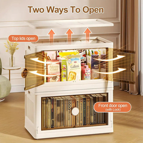 Rolling Collapsible Storage Bins with Lids and Wheels, 3 Pack Stackable Plastic Folding Boxes showing items inside with top lids and front doors open.