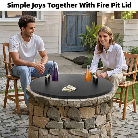 Round 38 Inch Fire Pit Lid Cover With Wooden Handles For Patio Fire Pits Heavy Duty Rust Resistant 1.5mm Metal Lid All Season Protection Outdoor Fire Pit Accessory on stone pit with people seated.