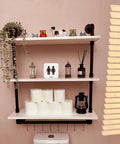 Industrial Pipe Shelving With Towel Rack 3 Tier 30 Inch Rustic White Floating Shelves with decor and toilet paper in bathroom