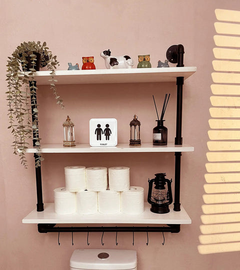 Industrial Pipe Shelving With Towel Rack 3 Tier 30 Inch Rustic White Floating Shelves with decor and toilet paper in bathroom