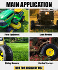 Collage of lawn and garden equipment showing 15x6.00-6 Tubeless Lawn Mower Tire And Wheel Assembly Front Replacement For John Deere And Other Riding Mowers Four Ply Pneumatic Three Inch Offset Hub Three Quarter Inch Bearings Two Piece Set Not For Highway Use